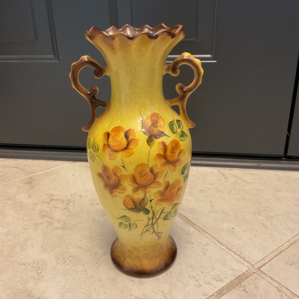 Vintage 1982 David Hoff Signed Hand Painted Floral Ceramic Vase Yellow Roses 13"